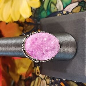 Calcite Light Pink (Druzy) 925 Silver Ring - Size 9 3/4